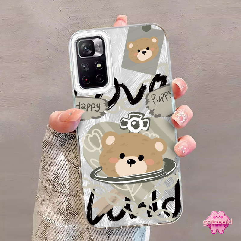 Casing Redmi Beruang coklat rantai IMD Hologram Feather Case Fashion Cocok untuk Redmi Note 9A 9I 12