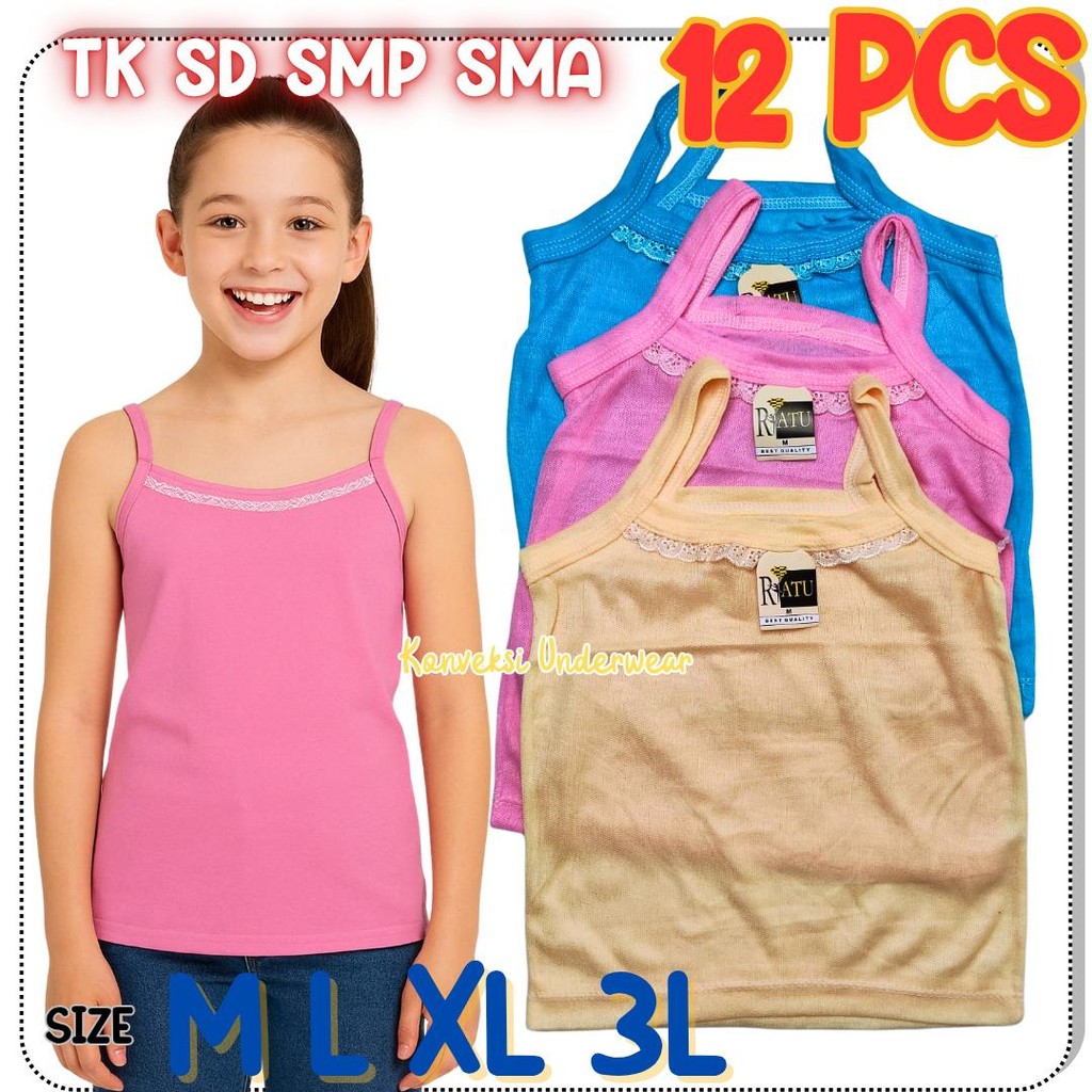 HEMAT 12 PCS SINGLET KAOS DALAM ANAK PEREMPUAN KAOS DALAM ANAK SEKOLAH SD SMP SMA WARNA