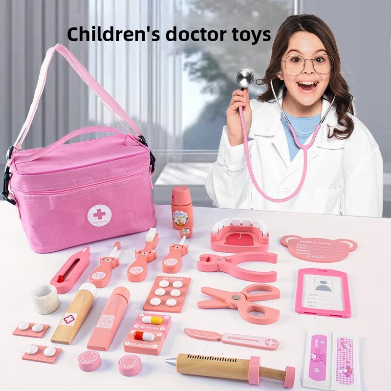 Wooden Doctor Toy Set for Girls Pretend Play Nursing Needle Play Medical Simulation Toy Box Children