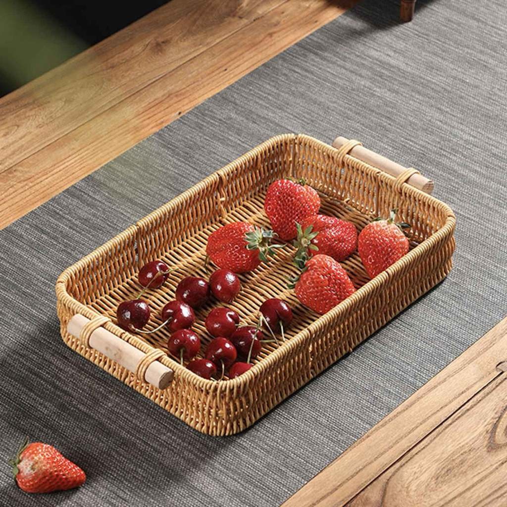 Keranjang Buah dan Roti Bahan Rotan Desain Aesthetic dengan Gagang Kayu Fruit Tray Basket 30x20cm