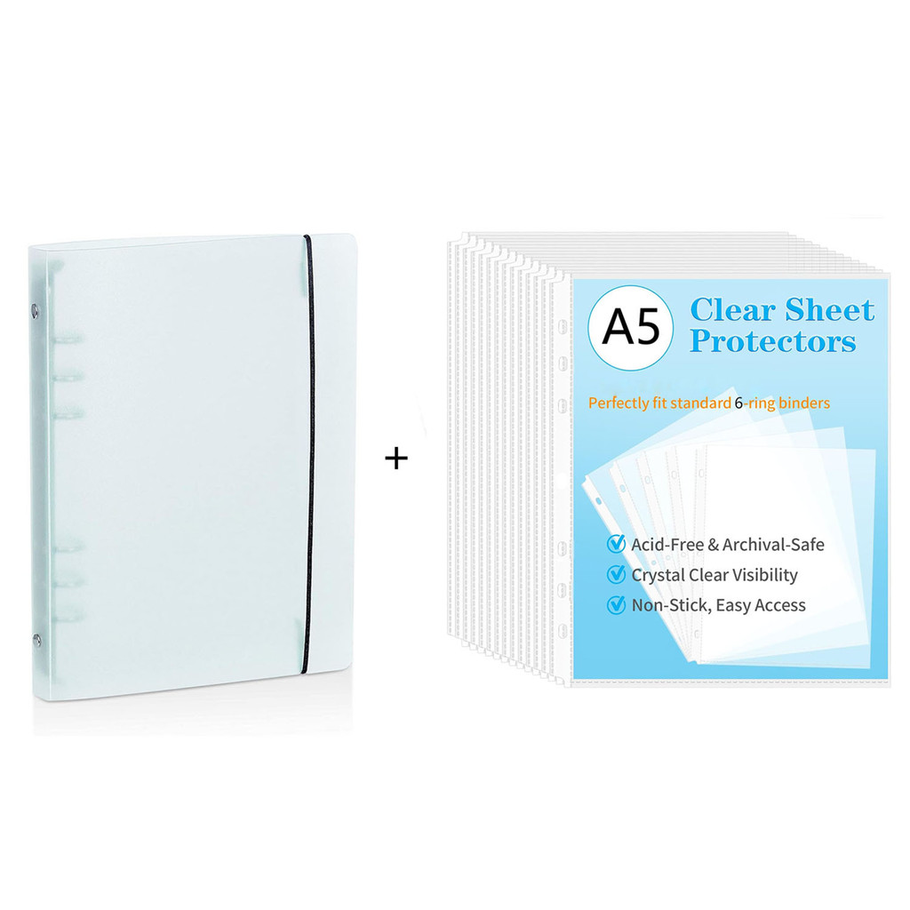 

A5 Binder Page Sheet Protector Set, with 50 Pieces 6 Ring Top Loading Binder Pockets 5.5x8.5 inch Clear Paper Sheet Sleeves