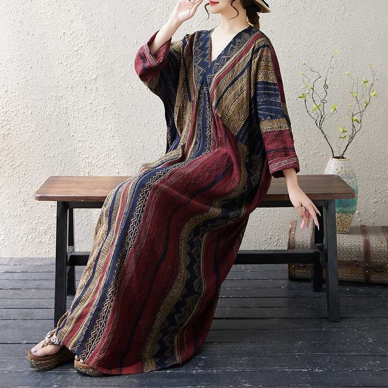 Slim dress V neck cotton linen long sleeve large loose dress