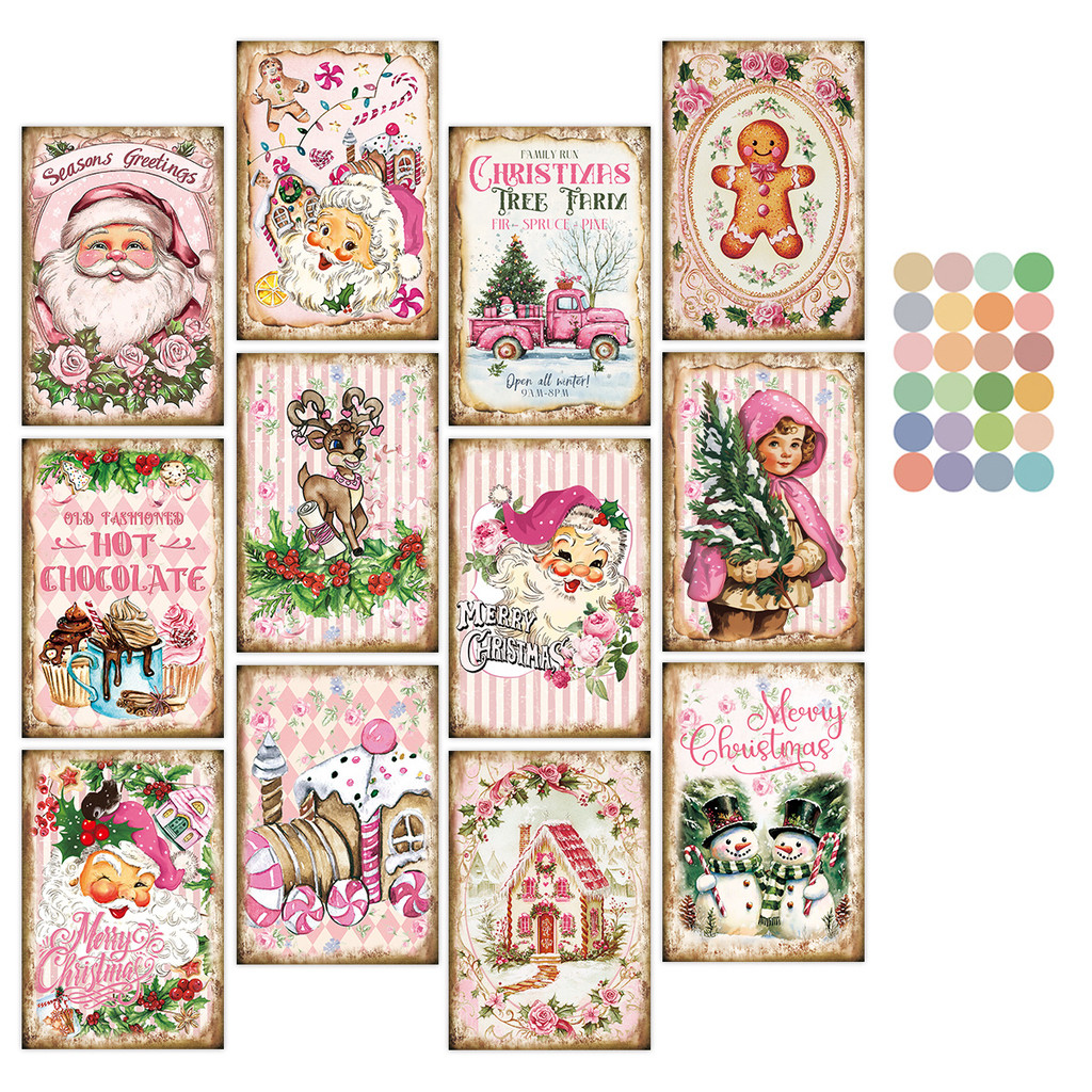 

12pcs Vintage Pink Cards Set,Pink Santa & Snowman Postcards Gift for Friends,Wall Art Room Decor, Decorations