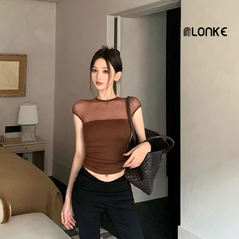 NLONKE - Kaos Lengan Pendek Sambungan Jaring Atasan Ramping Seksi Cewek Seksi Kaos Pendek Serbaguna