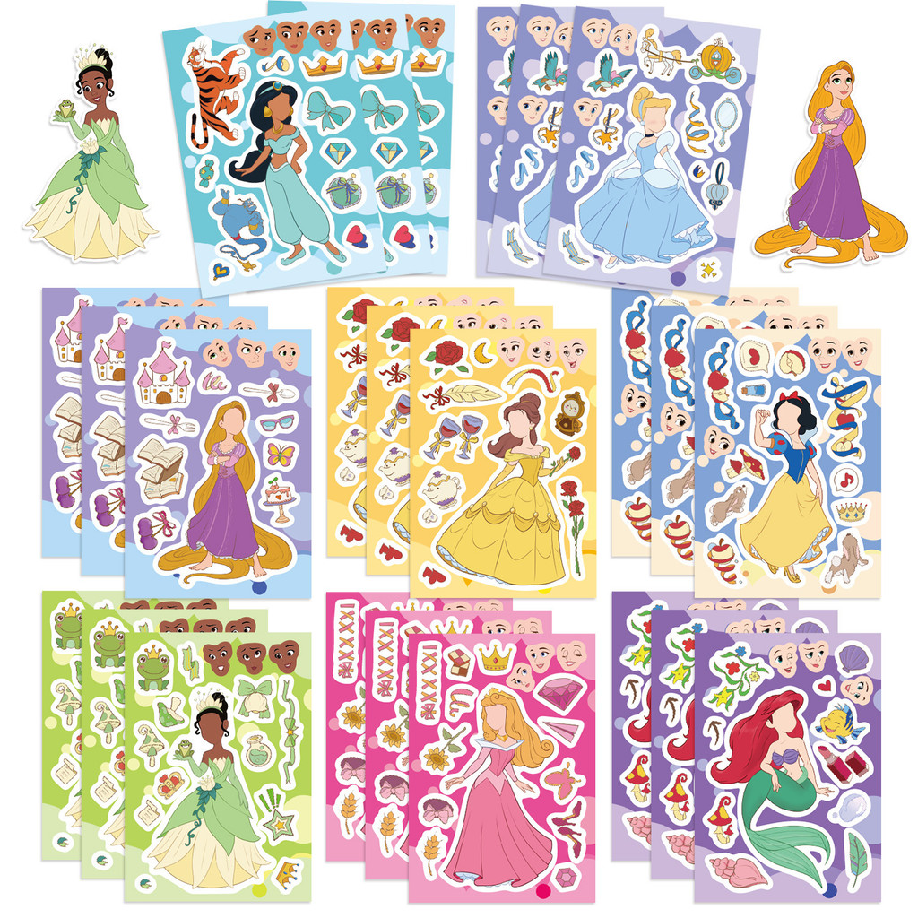 

8/16/24Sheets Disney Prinsess Children Puzzle Stickers Make-a-Face Assemble Cartoon Game Assemble Jigsaw Children Gift