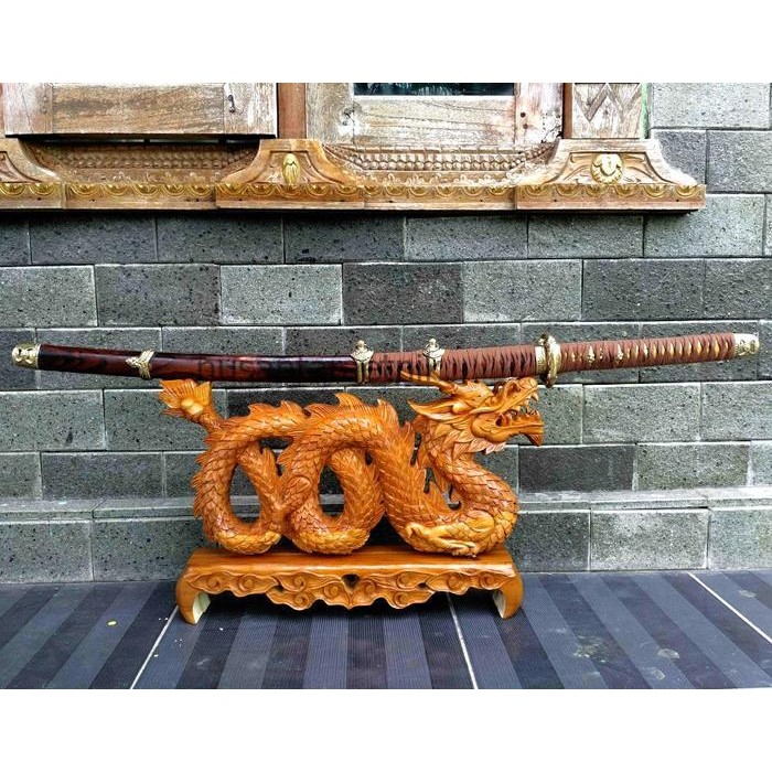 Stand Dudukan Pedang Isi 1 Ukiran Naga Kayu Jati Alusan Elegan