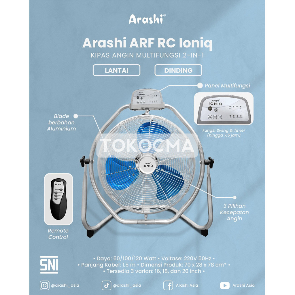 Arashi IONIQ ARF RC 16 18 20 Kipas Angin Chrome Industri Remote Lantai & Dinding 16 18 20 Inch 2in1