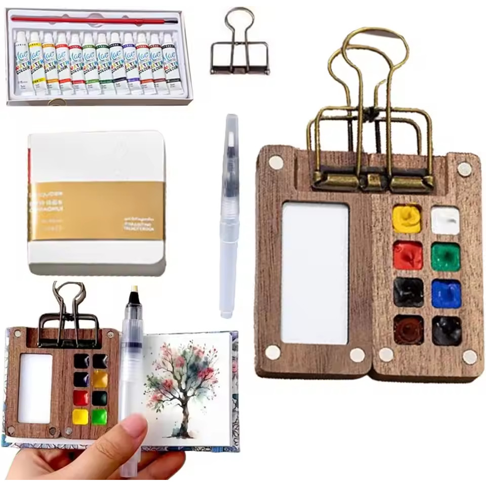 

8/15 Colors Portable Watercolor Paint Palette Set Mini Walnut Paint Box Travel Watercolor Palette Sketchbook for Artists Student