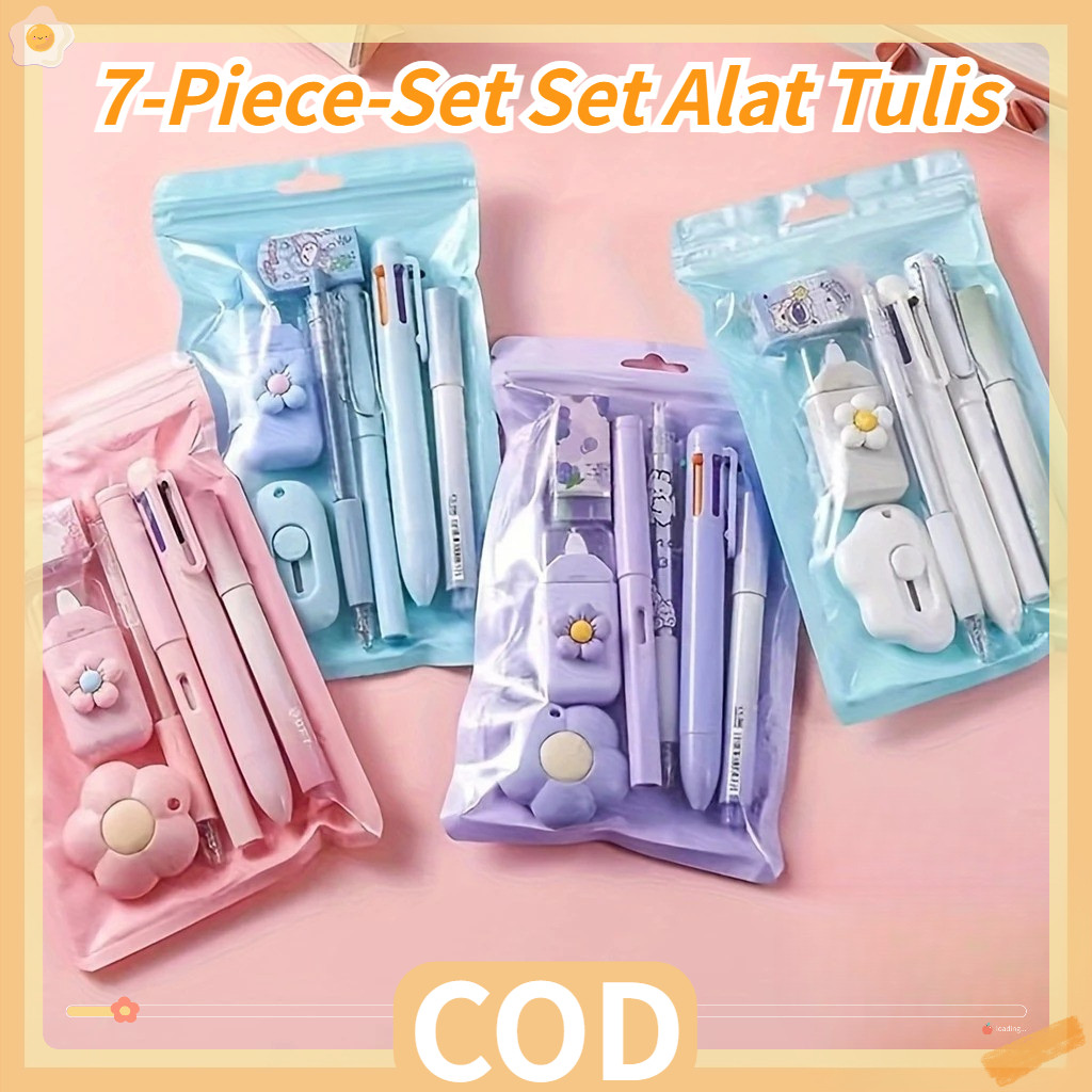 

7-Piece-Set Set Alat Tulis Kawaii Paket Hadiah Perlengkapan Sekolah Lucu Berbagai Macam Alat Tulis, Bahan Plastik Tahan Lama