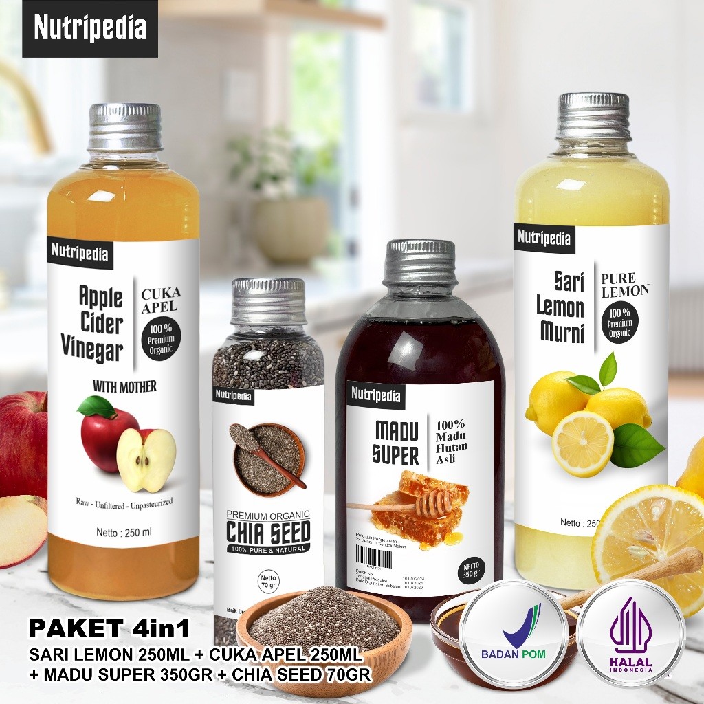 

Nutripedia Paket Diet Detox 4in1 - Cuka Apel 250ml, Sari Lemon 250ml, Madu 350gr, ChiaSeed 70gr