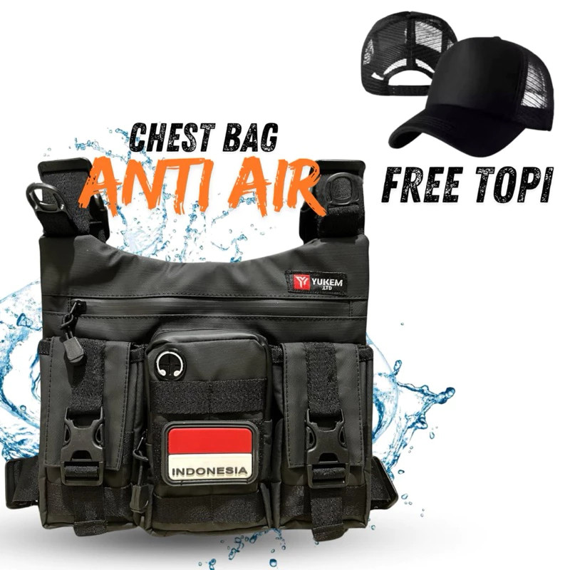 ChestBag Tas Dada Pria Anti Air Free Topi Free Emblem Tas Dada Saku Pocket Depan Tas Saku Black Pock