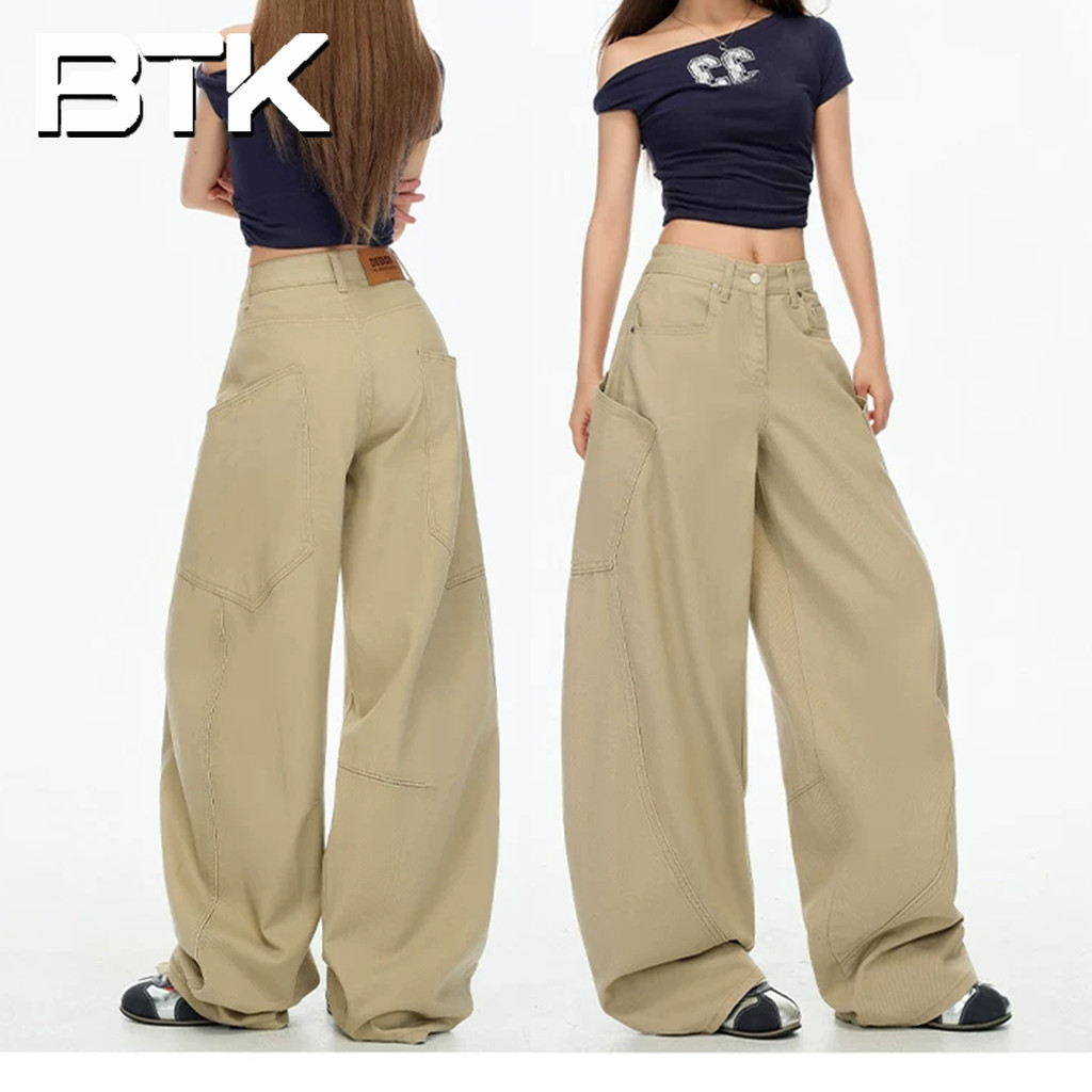 BUTIK Cargo Jeans Hiphop Wanita Celana Jeans Panjang Wide Leg Oversize Kasual