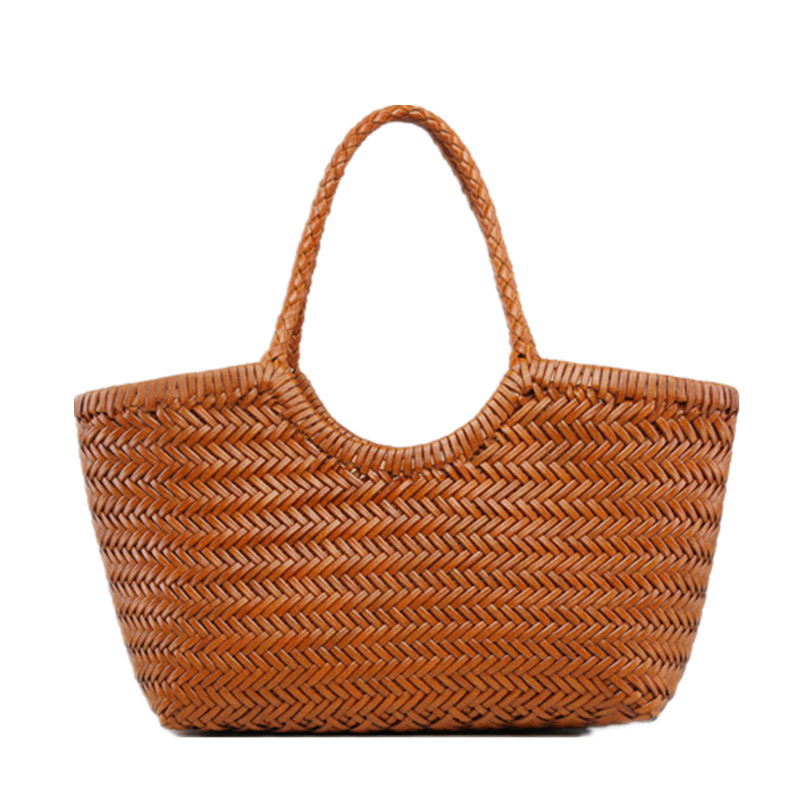 Hand-woven Genuine Leather Woven casual vegetable basket bag with Casual Woven Inside Bag Vintage Sh