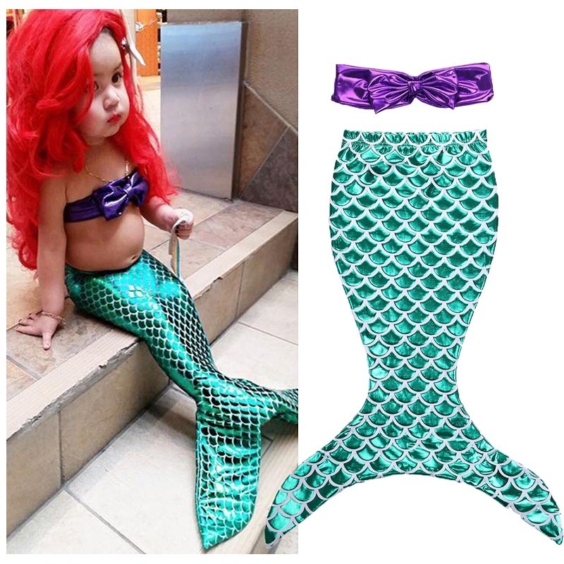 Set Bikini Ekor Putri Duyung Bayi Perempuan Anak-anak Atasan Tabung Busur Berkilau dan Pakaian Renan