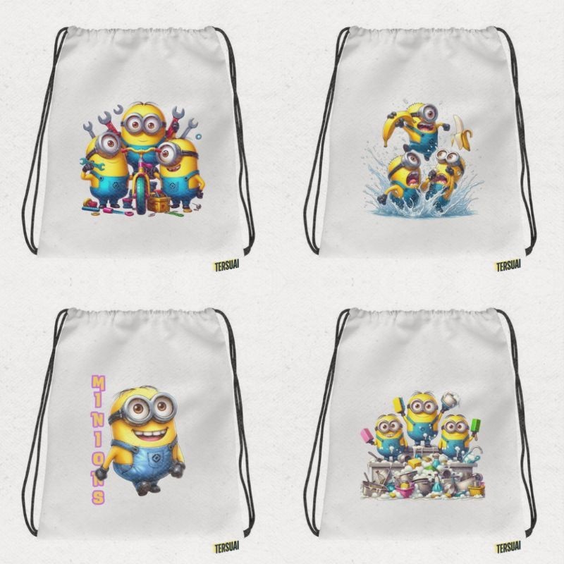 Tas Serut Tersuai Minions Bahan Kanvas Premium Full Printing Menggunakan Resleting Untuk Pria & Wani