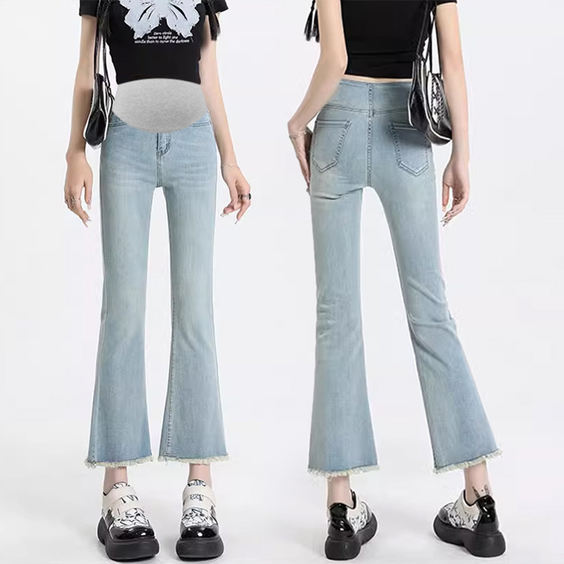 Korean Style Maternity Belly Denim Trousers Summer Thin Jeans Stretched  Cropped Jeans Blue Pregnant