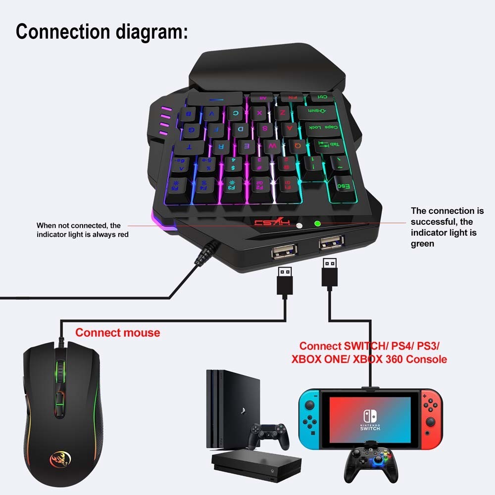 Gaming Keyboard Mouse Combo Special for SWITCH PS4 PS3 XBOX ONE 360 Console One Hand RGB Wired Mini 