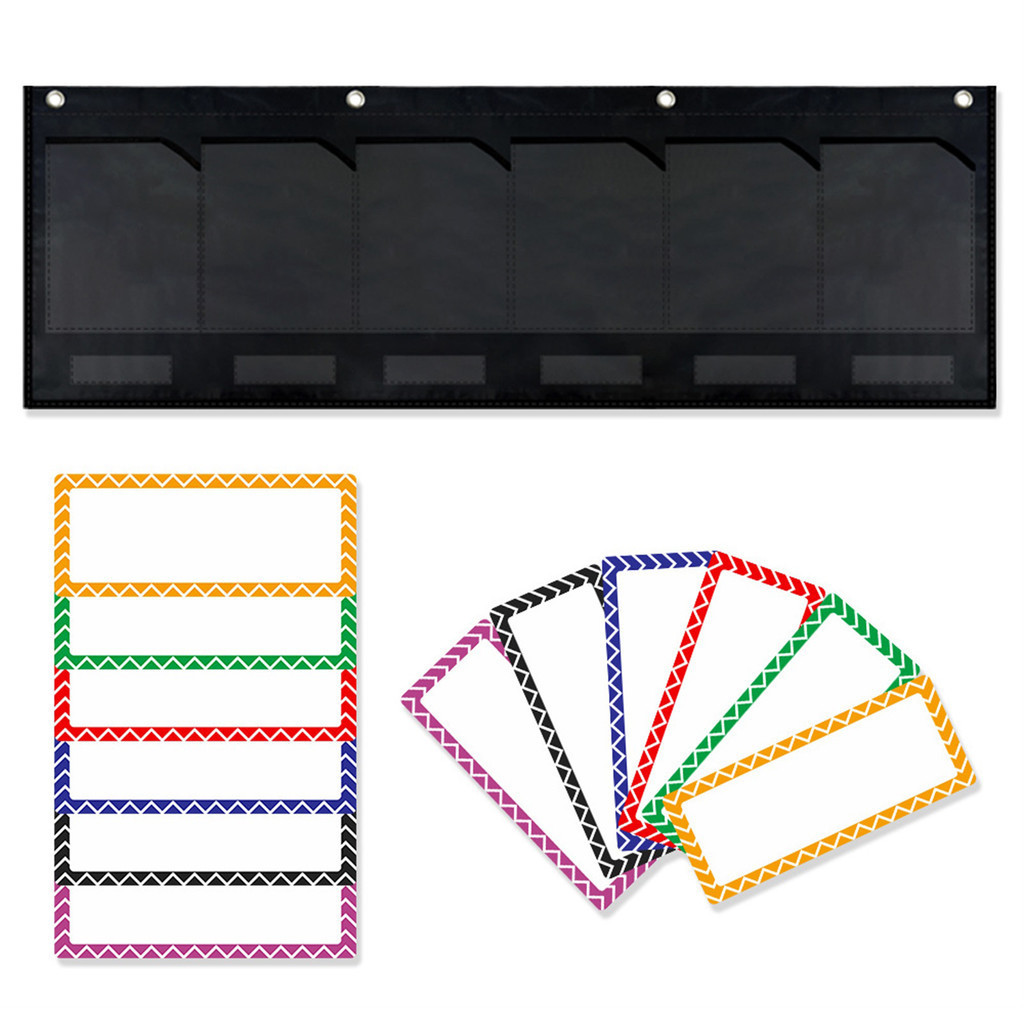 

Transparent Hanging Pocket Chart Teachers Classroom Wall with 12 Tag Cards Clear Name Tag Pocket xqmg