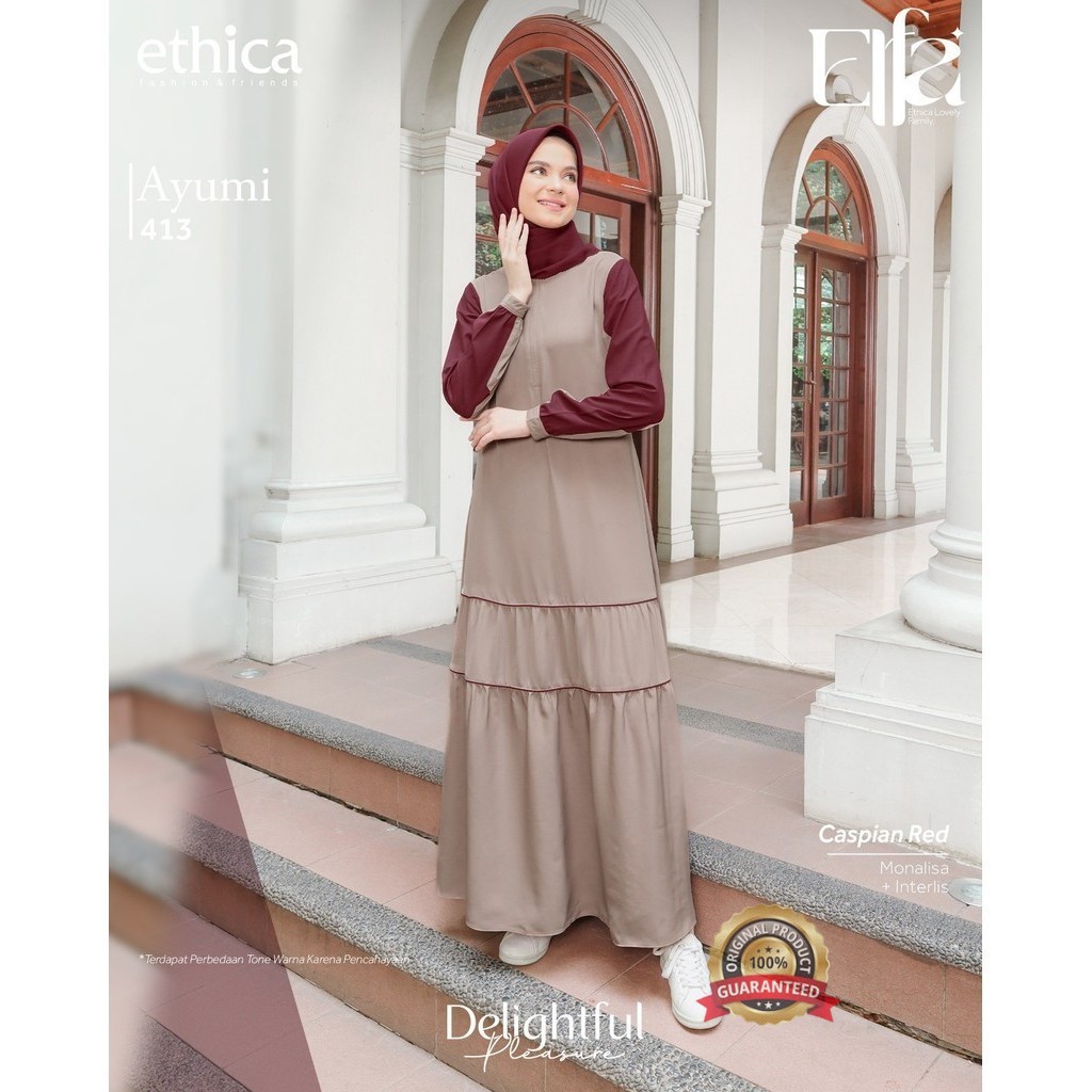 Azzifa Store- DRESS GAMIS ETHICA TERBARU AYUMI 413 CASPIAN RED DEWASA MUSLIMAH BAHAN MONALISA TEBAL 