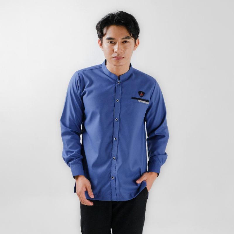 AMEENAH 01-Kemeja Koko Pria Shanghai Polos Lengan Panjang Denim