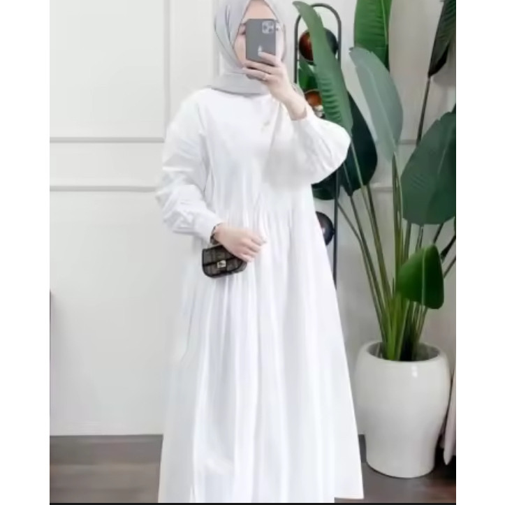 Midi Dress Putih Bahan Crinkle Airflow// PROMO MURAH BIG SALE TERPOPULER