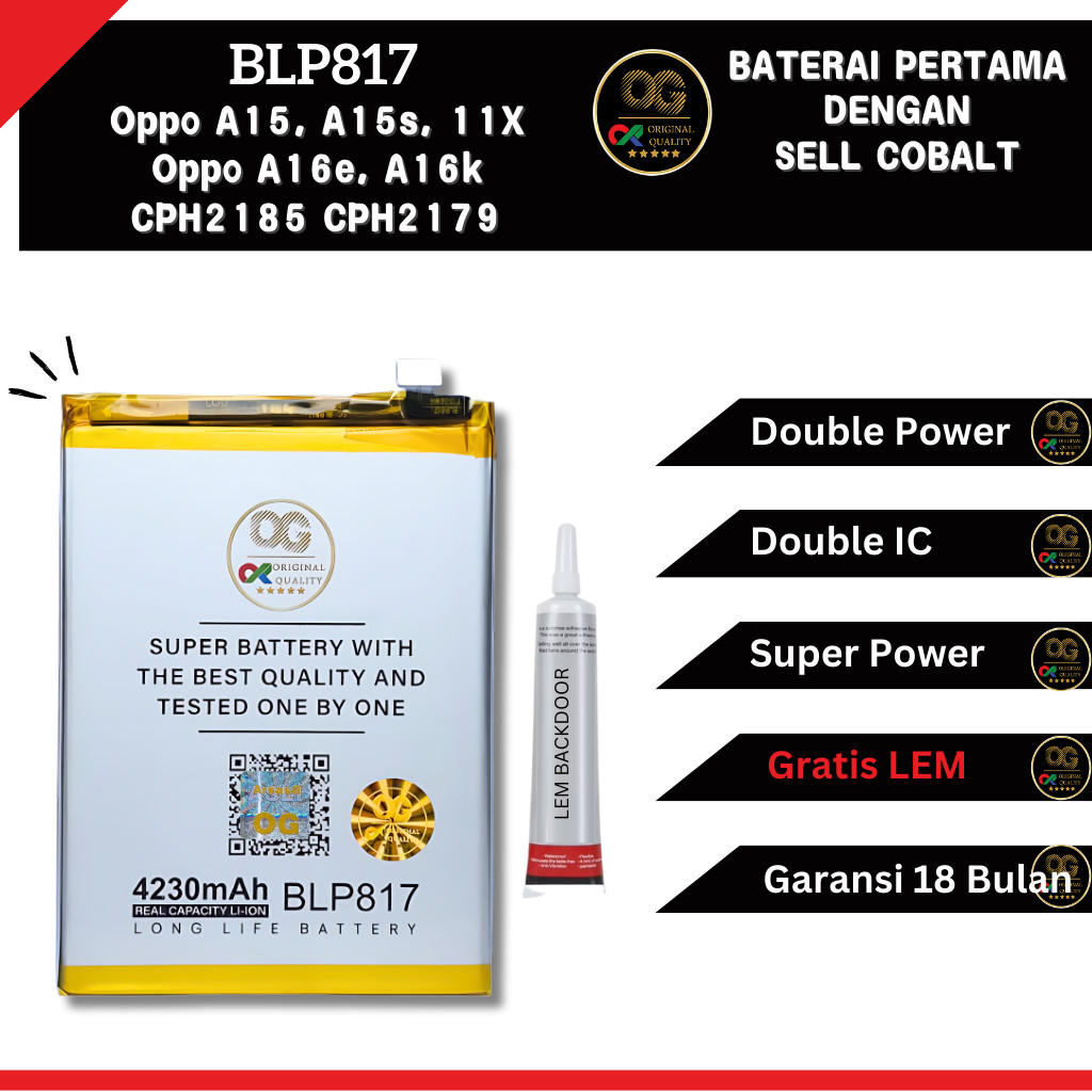 Baterai Oppo A15, A15S, A16E, A16K, X11 CPH2185 CPH2179 Batre BLP817 Double Power IC OG Super