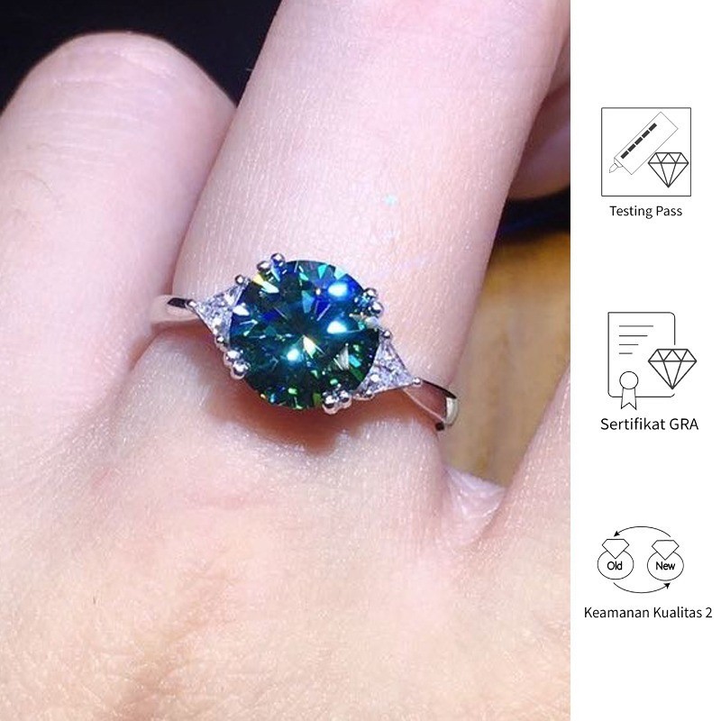 FULIN Cincin Platinum Biru-hijau Pelembab Tiga Berlian 9mm Yang Indah PT950