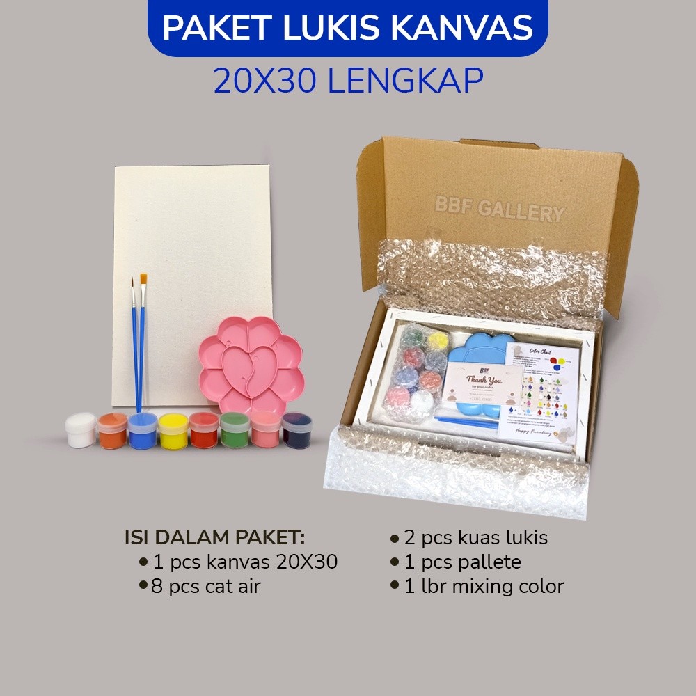 

10,10 Kanvas lukis putih 20x30 cm lengkap dengan 8 cat air akrilik palet dan 2 pcs kuas flat & round Set melukis lengkap paket lengkap melukis mewarnai canvas 10,10