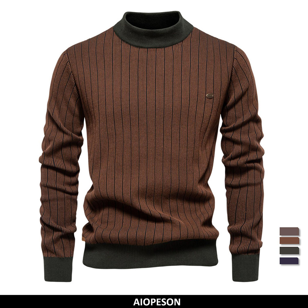 

AIOPESON New Design Mens Mock Neck Cotton Pullover Sweaters Autumn Winter Warm Stripped Sweater for Men