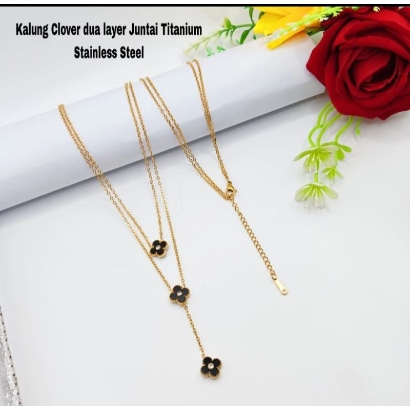 kalung 2layer clover mata kalung titanium wanita