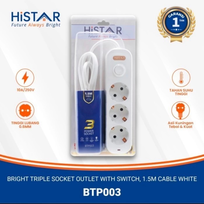 Kabel Cok Sambung 3 Lubang Panjang Kabel 1.5 Meter Plus Switch Saklar SNI 2500 Watt Stop Kontak