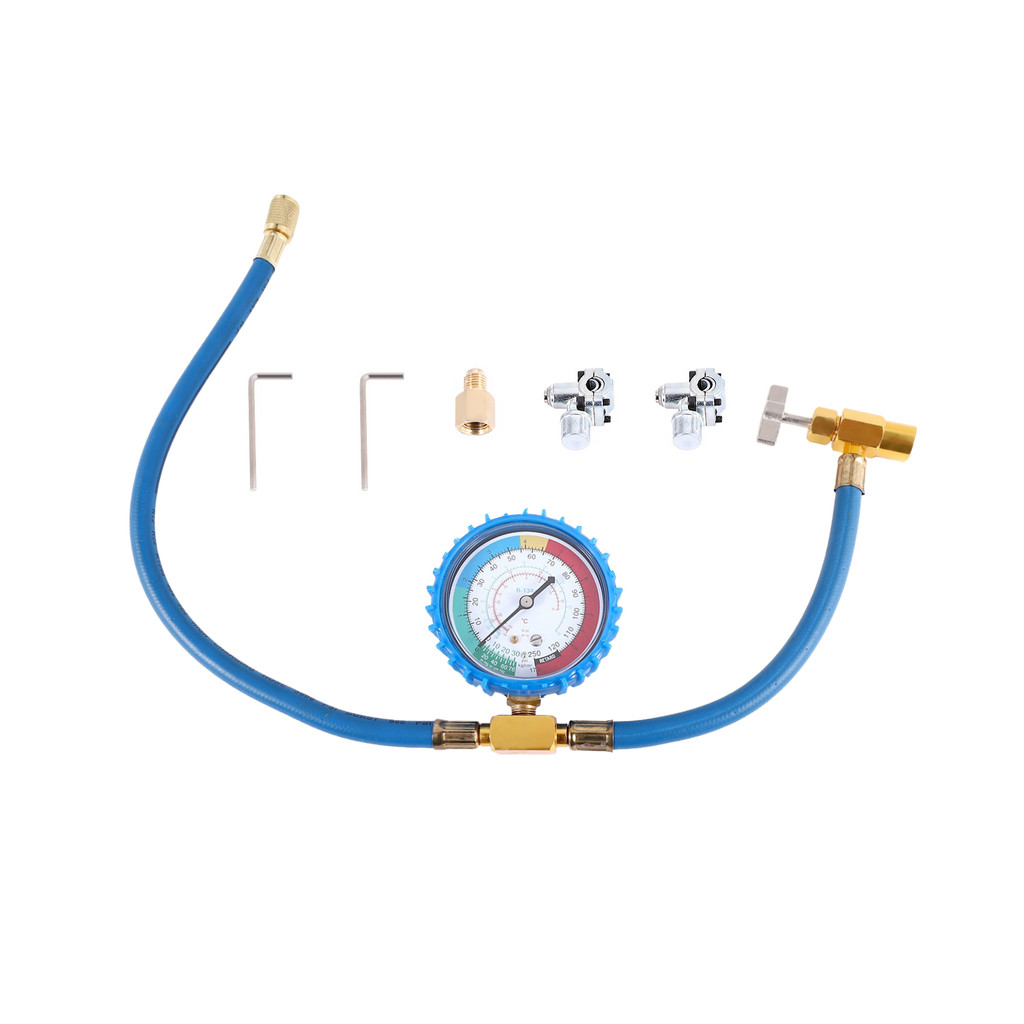 R134A Refrigerator Freon Recharge Hose Kit, R134A AC Refrigerant Charging Hose Gauge, Piercing Valve