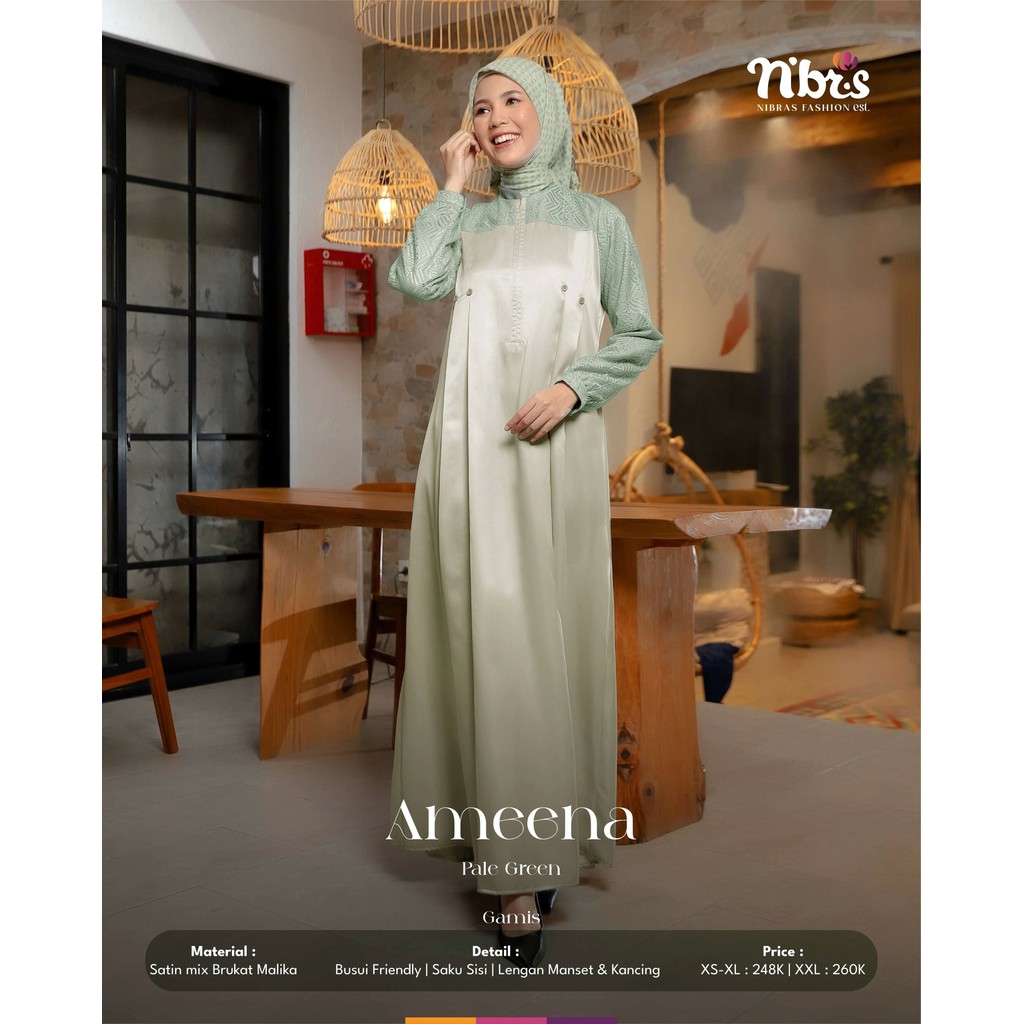 Ameena Gamis Wanita Bahan Satin mix Brokat Warna Green Adem dan Tidak Gerah  by Nibras