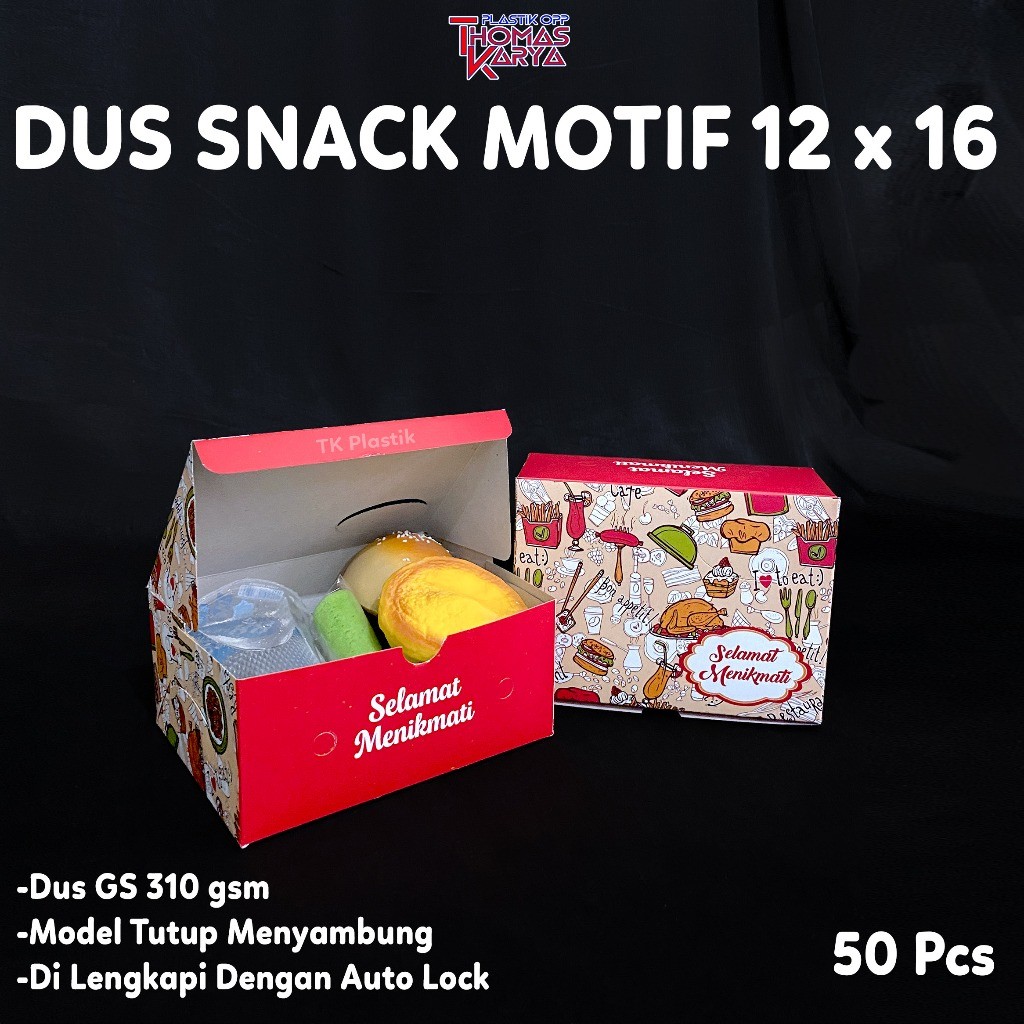 

Dus Snack Box 12x16 isi 50 Kardus GS Motif Printing 310gsm Snekbox Kue Roti Risoles Gorengan Estetik