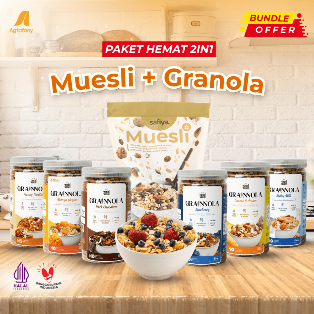 

[Paket Hemat] Muesli Safiya 500 gr + Grainnola 500 gr Timur Tengah Dark Chocolate Coklat Blueberry Vanilla Honey Mango Yogurt Milky Milk Cheese and Cream Granola | Sereal Oatmeal Sarapan Sehat Camilan Healthy Food
