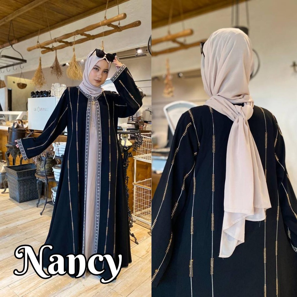 Abaya Mesir Mewah Elegan Inner Outer One Set Gamis Jetblack Muslim Syari - NANCY