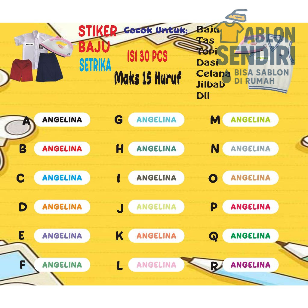 

Stiker Setrika Nama/Label Nama Setrika Untuk Anak-anak dan Dewasa Bahan DTF Waterproof 1 Paket Isi 30 Pcs Background Putih Full