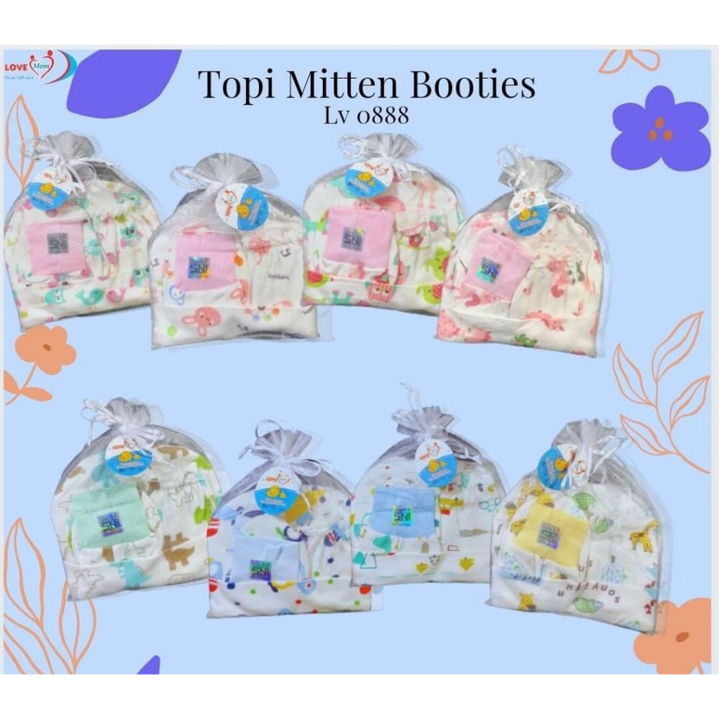 Love Mom Set Topi Mitten And Booties/set topi/set kaos kaki/set sarung tangan