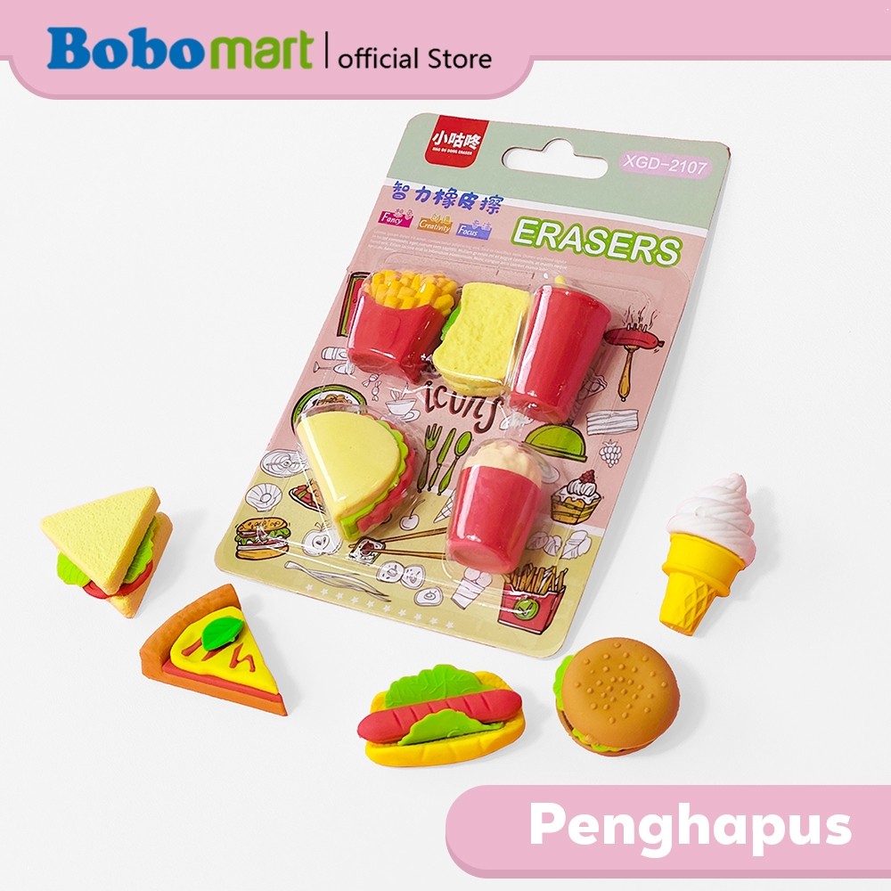 

BOBOMART Penghapus Eraser Karakter Fancy 1 Set Bisa Lepas Pasang XGD Hamburger & Dinosaur