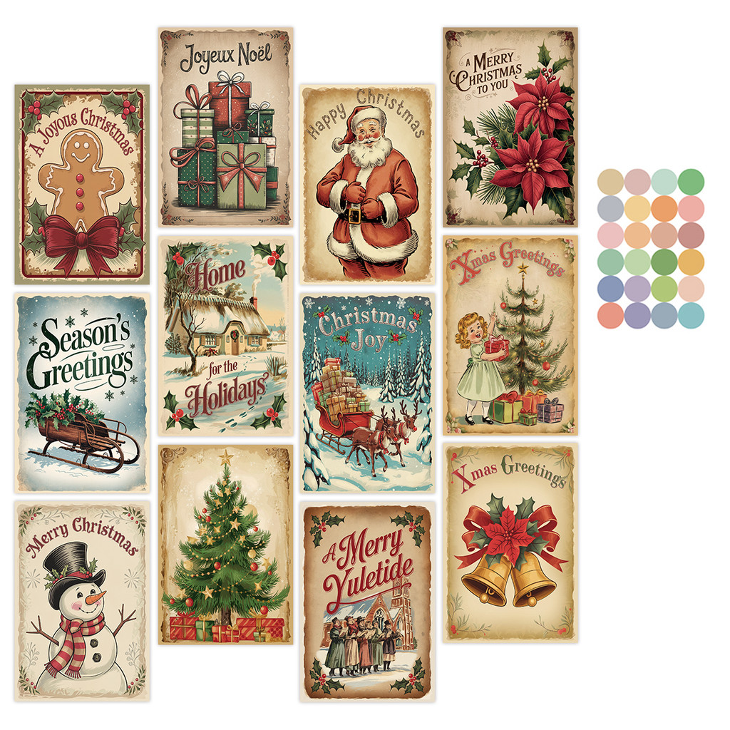 

Vintage Blessing Cards with Santa&Reindeer,12pc Merry Postcard Set,Retro Xmas Gift Cards with Tree