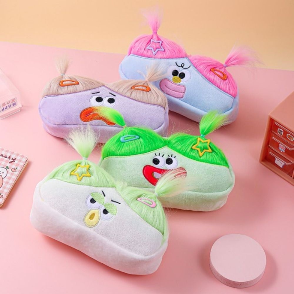 

DIY Fluffy Hair Afro-Hair Doll Pen Bag Large Capacity Zipper Pencil Case Holder Kawaii Stationery Storage Soft Plush Pen Bag
