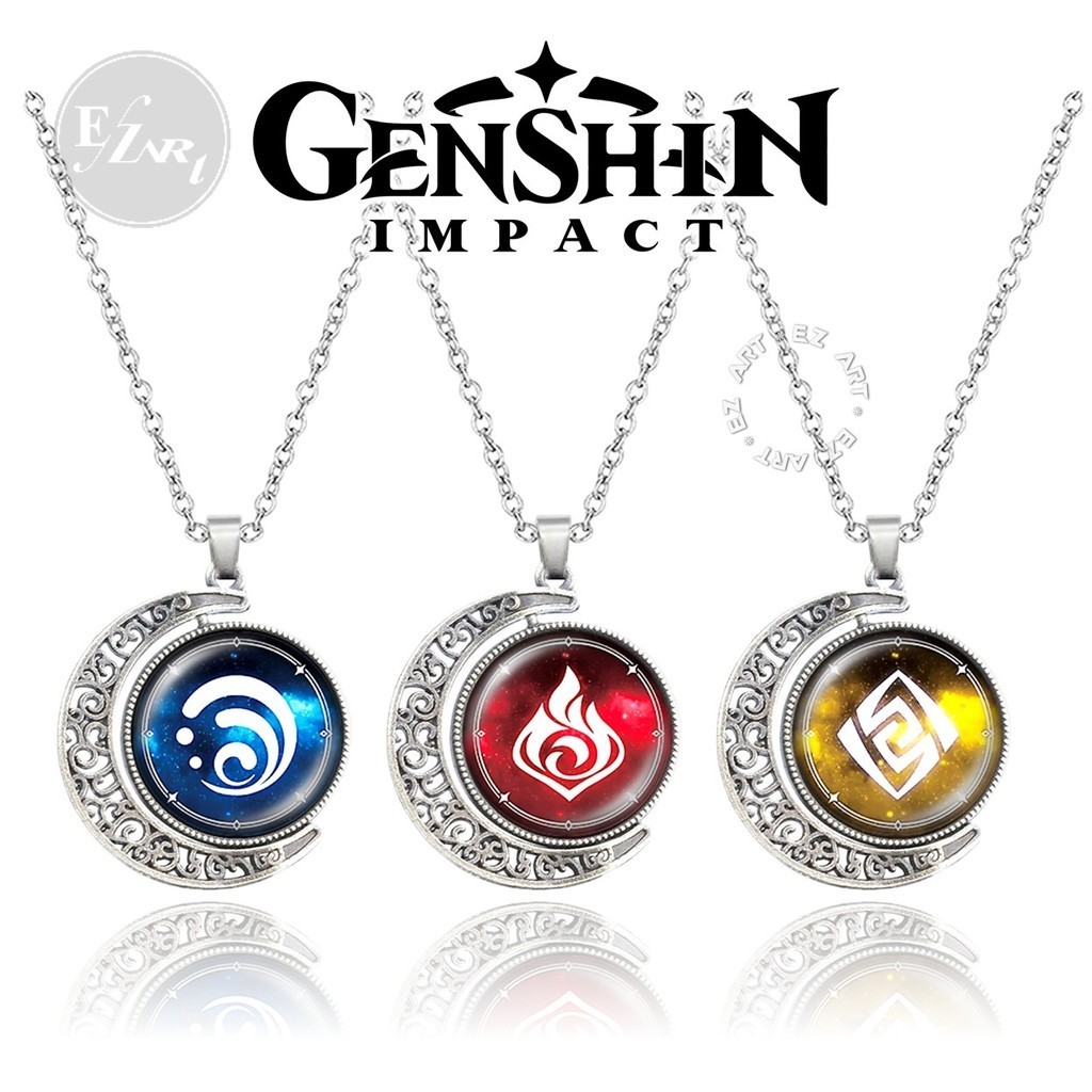 Kalung Liontin Berputar Logo Elemen Genshin Impact Bahan Kaca Bisa Diputar 2 Sisi Rantai Stainless S