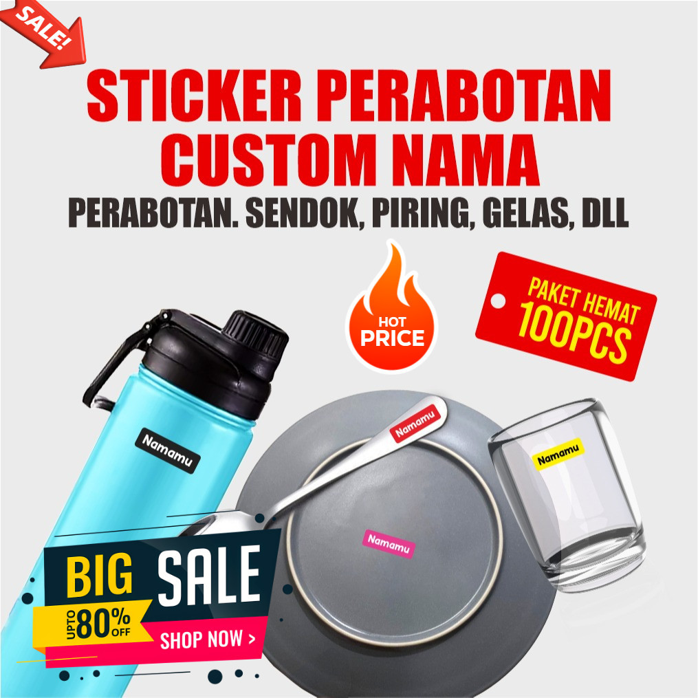 

100 PCS Stiker Custom Nama Piring Sendok Botol Gelas Perabotan timbul waterproof label