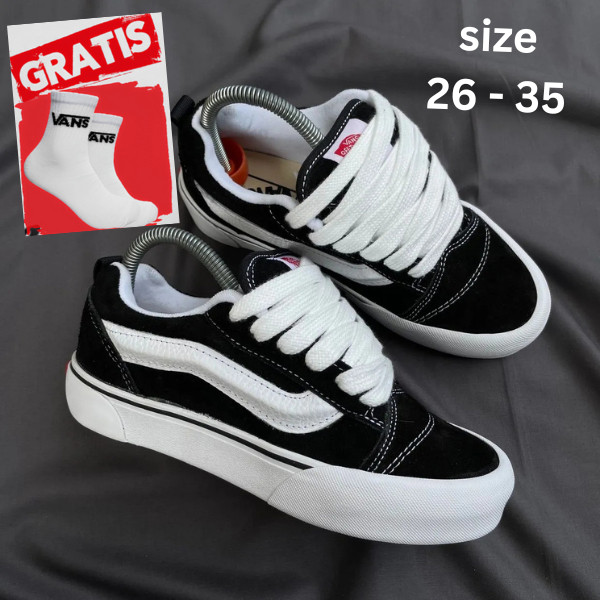 NEROSHOP Sepatu Gemuk Anak Vans001 Knu Skool Black And White Sneakers For Kids And Children