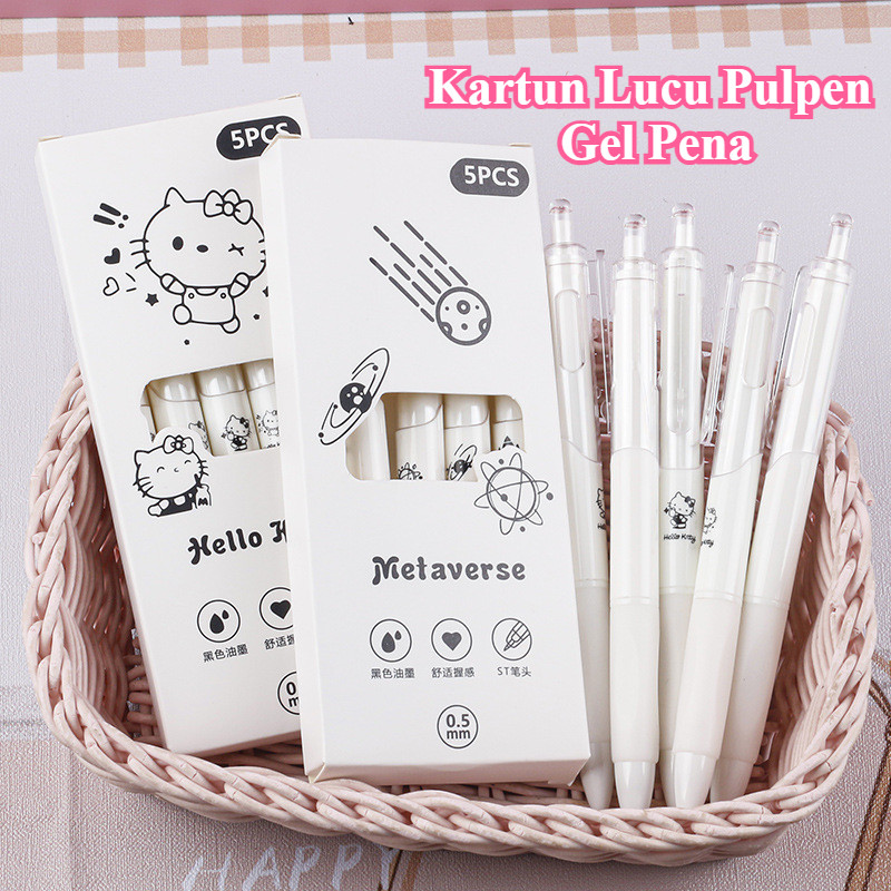 

【5Pcs】Kartun Lucu Pulpen Gel Pena Sanrio Cover White Mekanik Pen / Gel Rectrable Pen Black 0.5mm Pulpen Minimalist