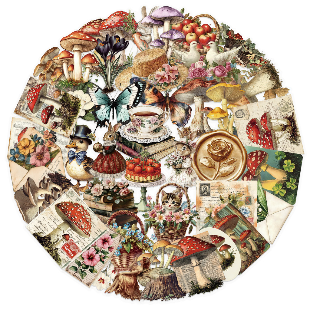 

50PCS Retro Mushroom PET Sticker Aesthetic Hand Accounting Transparent DIY Children's Decoration Scrapbooking Supplies