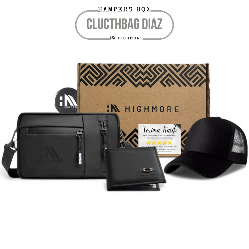 HIGHMORE PAKET HAMPERS Ekonomis Gift Set Slingbag Handbag Anti Air Topi Dompet Pria Cowok Highmore T