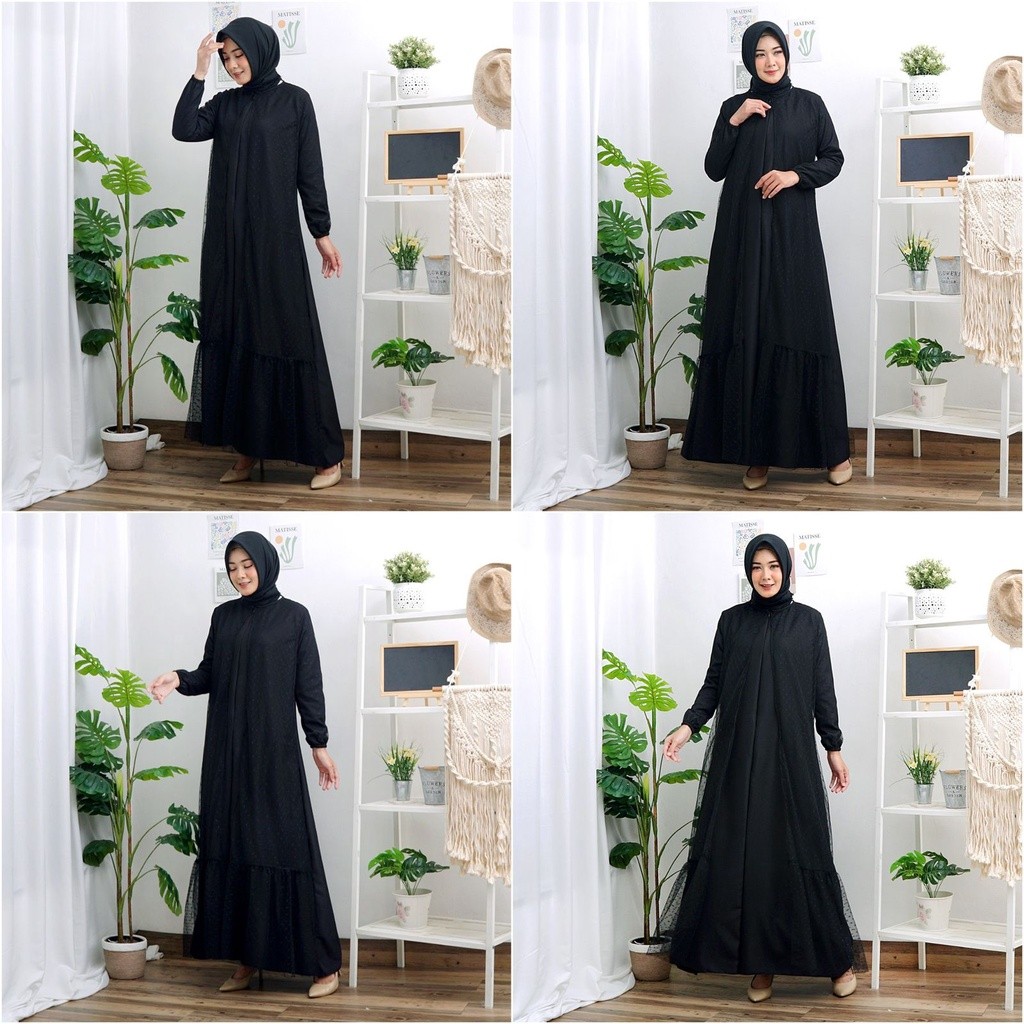 Haliya Tile Dotty Gamis Dress Mosscrepe Mix Tille Dot Maxi Dres Muslim Lebaran Pesta Kondangan Murah