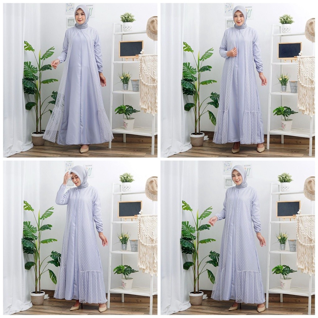 Haliya Tile Dotty Gamis Dress Mosscrepe Mix Tille Dot Maxi Dres Muslim Lebaran Pesta Kondangan Murah