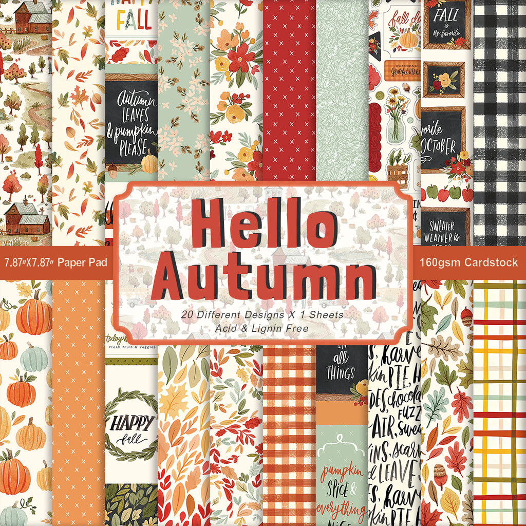 

20Sheets Retro Autumn Scrapbook Paper,Pumpkin Maple Leaves Animal,Hello Autumn Collection Kit Stickers for Halloween Decoration